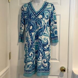 BARBARA GERWIT Blue/white Resortwear Coastal Grandma Vacation Cruisewear Dress L